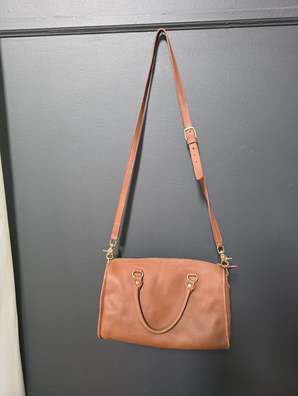Tan Leather Bston Style Shoulder Bag Brass Hardware Dual Top Handles 12x7x5